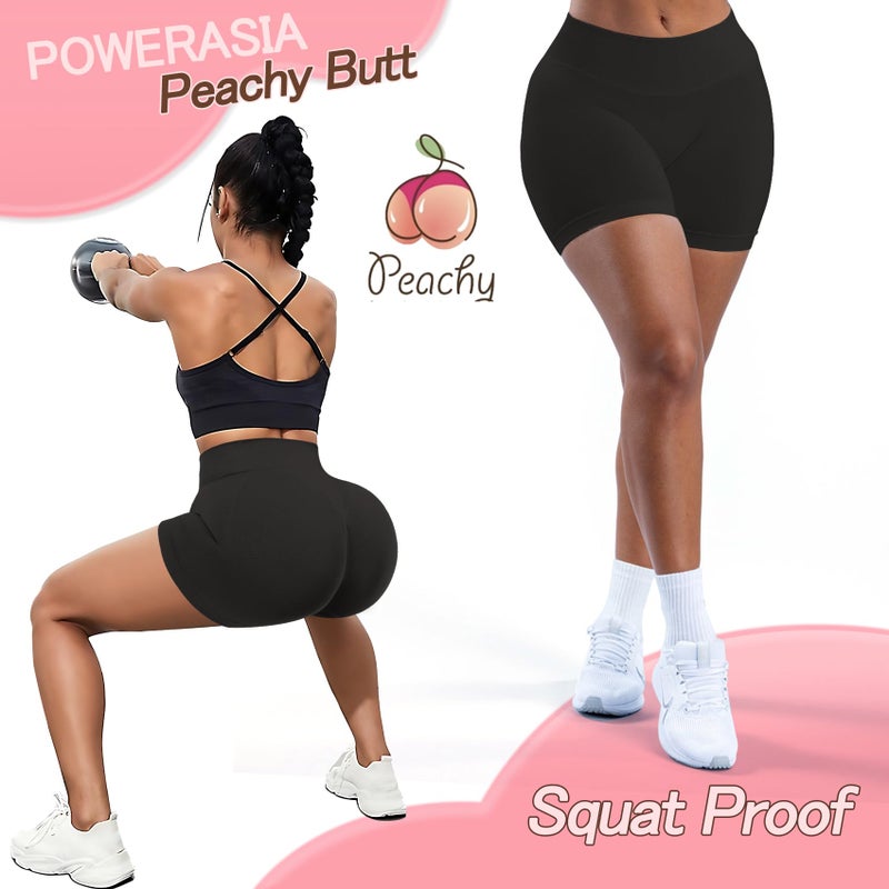 POWERASIA 4.5" Workout Impact Shorts Hidden Scrunch Butt Lifting Gym Booty Biker Shorts for Women Tummy Control Black - Image 4