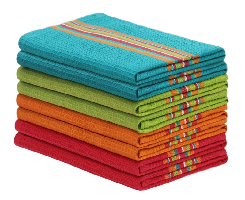 COTTON CRAFT Salsa Stripe Kitchen Towel - Set of 8 Pure Cotton Absorbent Waffle Weave Dish Towel Dish Cloth - Low Lint Reusable Drying Towels - Restaurant Bar Cleaning Kitchen Hand Towel -16x28 Multi - Image 1