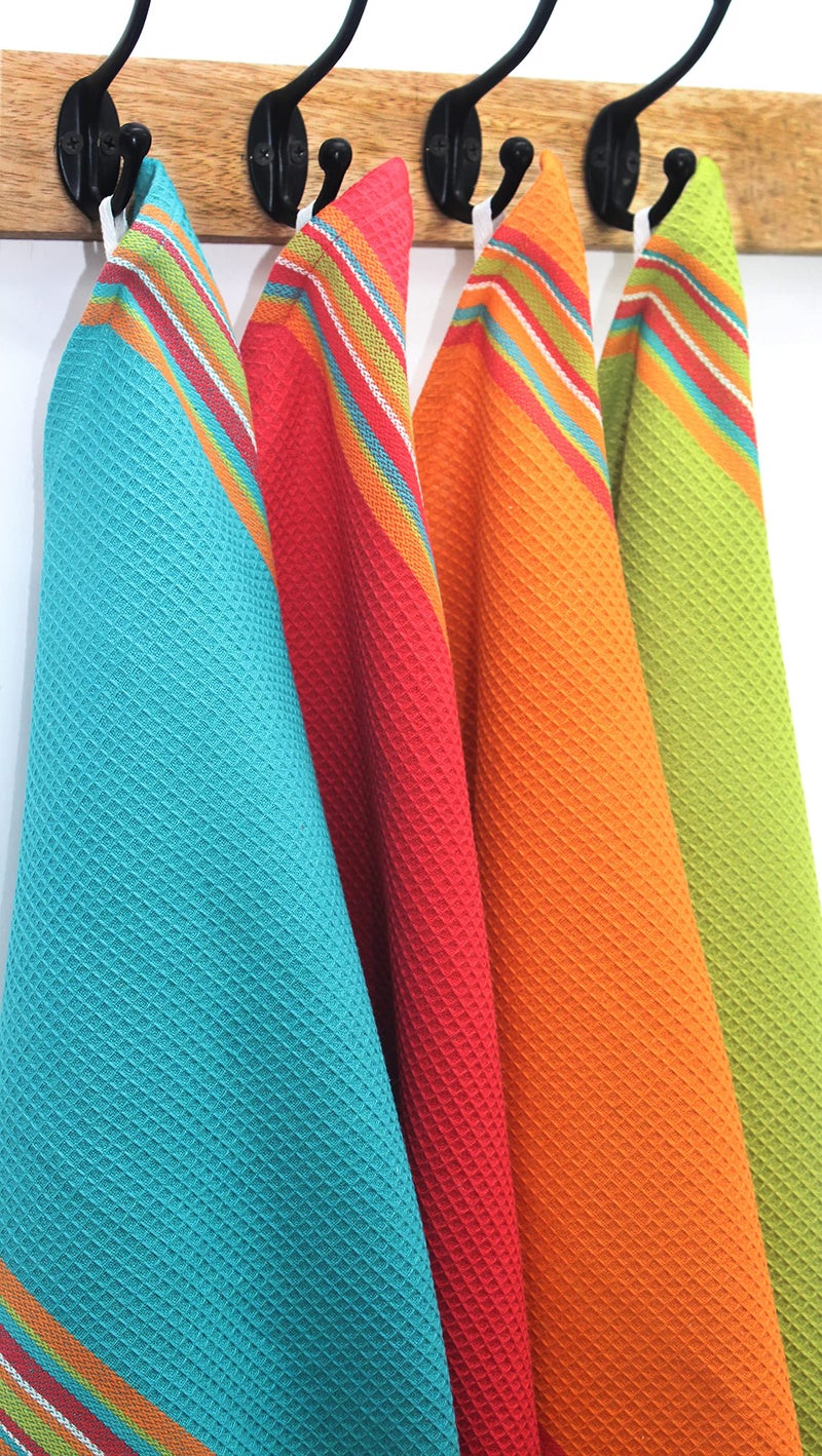 COTTON CRAFT Salsa Stripe Kitchen Towel - Set of 8 Pure Cotton Absorbent Waffle Weave Dish Towel Dish Cloth - Low Lint Reusable Drying Towels - Restaurant Bar Cleaning Kitchen Hand Towel -16x28 Multi - Image 4