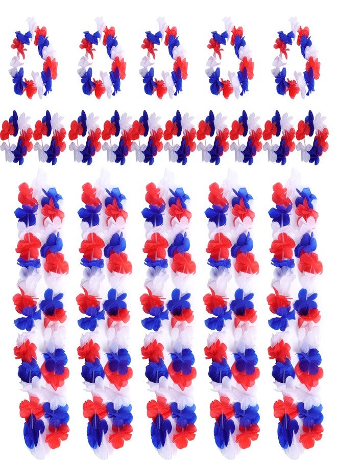 SUMERSHA 5 Set 20pcs Red White and Blue Flower Leis Patriotic 4th of July Decorations Hawaiian Luau Flower Necklace Headbands Wristbands Bracelets Memorial Day Birthday Party Favors - Image 1