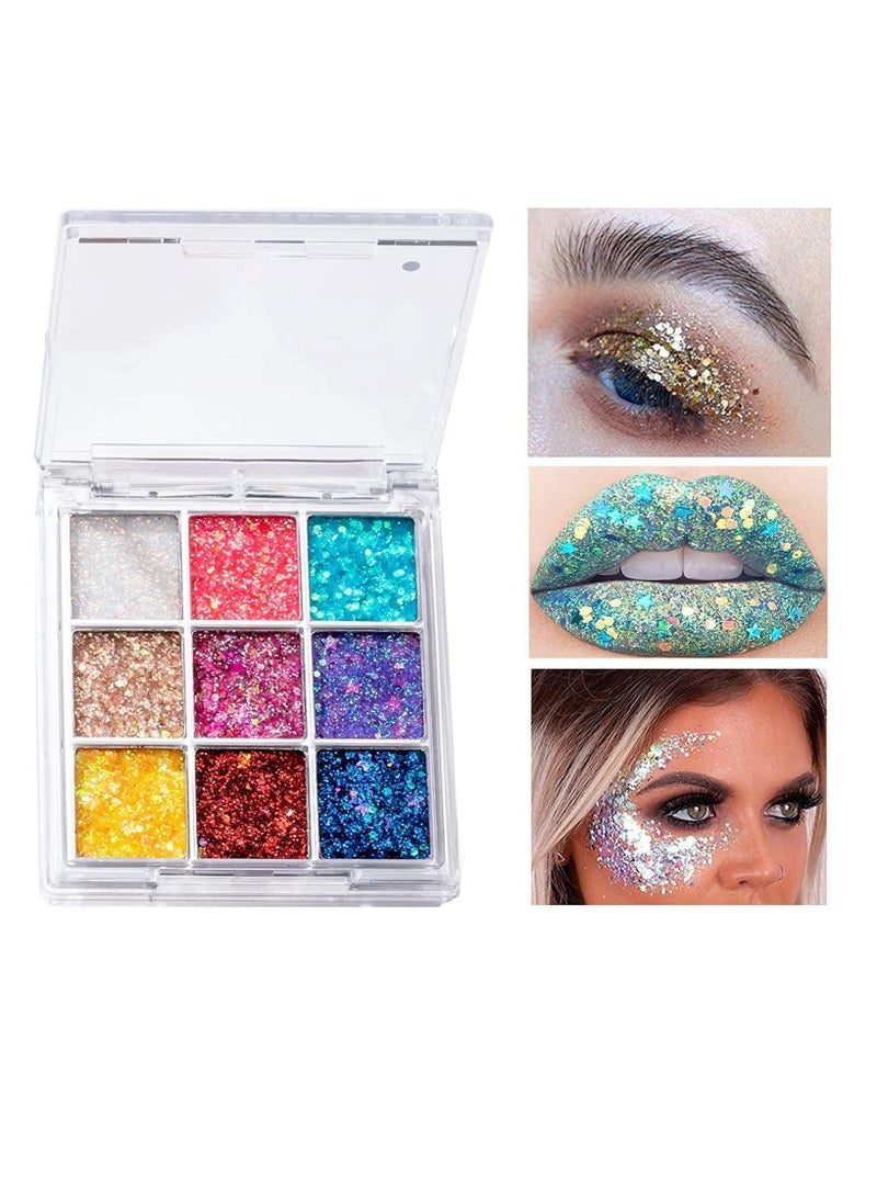 SYOSI Glitter Eyeshadow Palette, 9 Colors Body Glitter Glue Gel Palette Colorful Shimmer Sparkle Eyeshadow Long Lasting Highly Pigmented Waterproof Professional Glitter Eyeshadow - Image 1