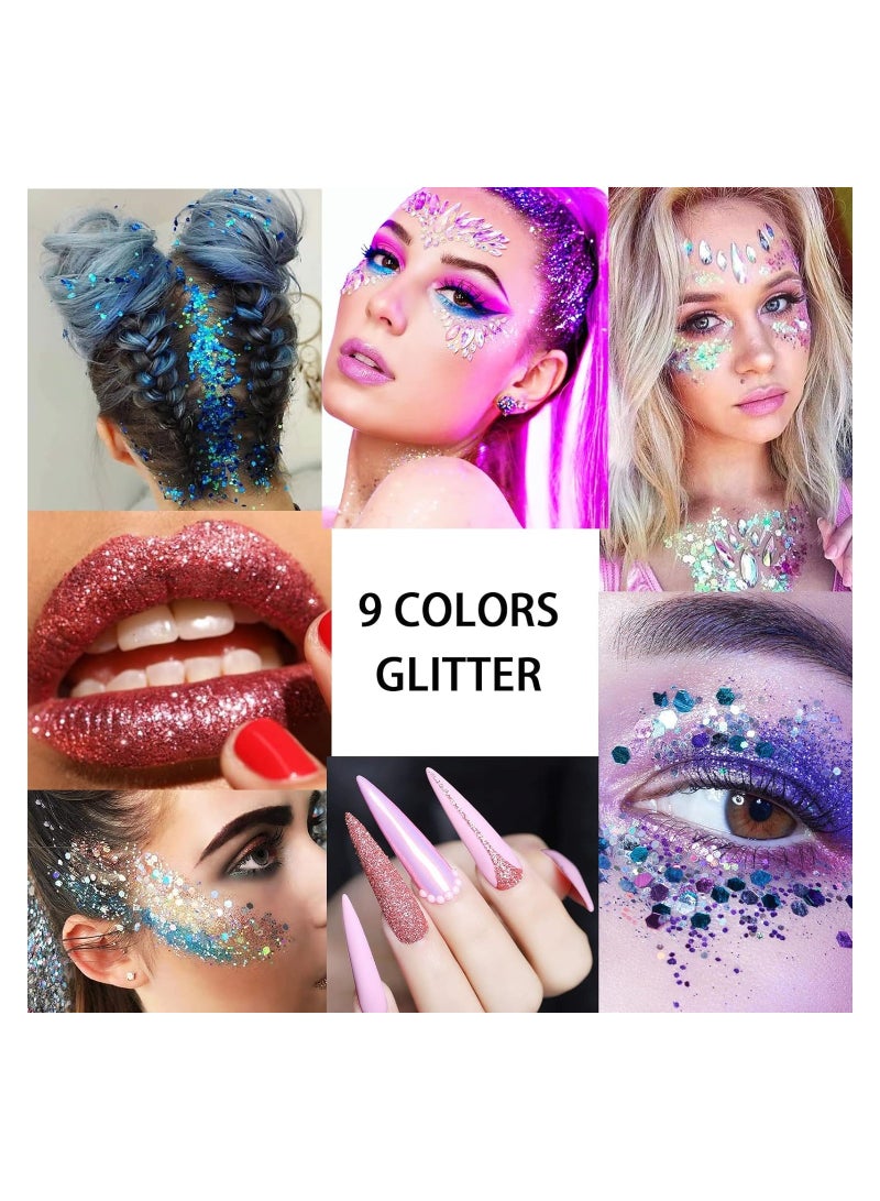 SYOSI Glitter Eyeshadow Palette, 9 Colors Body Glitter Glue Gel Palette Colorful Shimmer Sparkle Eyeshadow Long Lasting Highly Pigmented Waterproof Professional Glitter Eyeshadow - Image 3