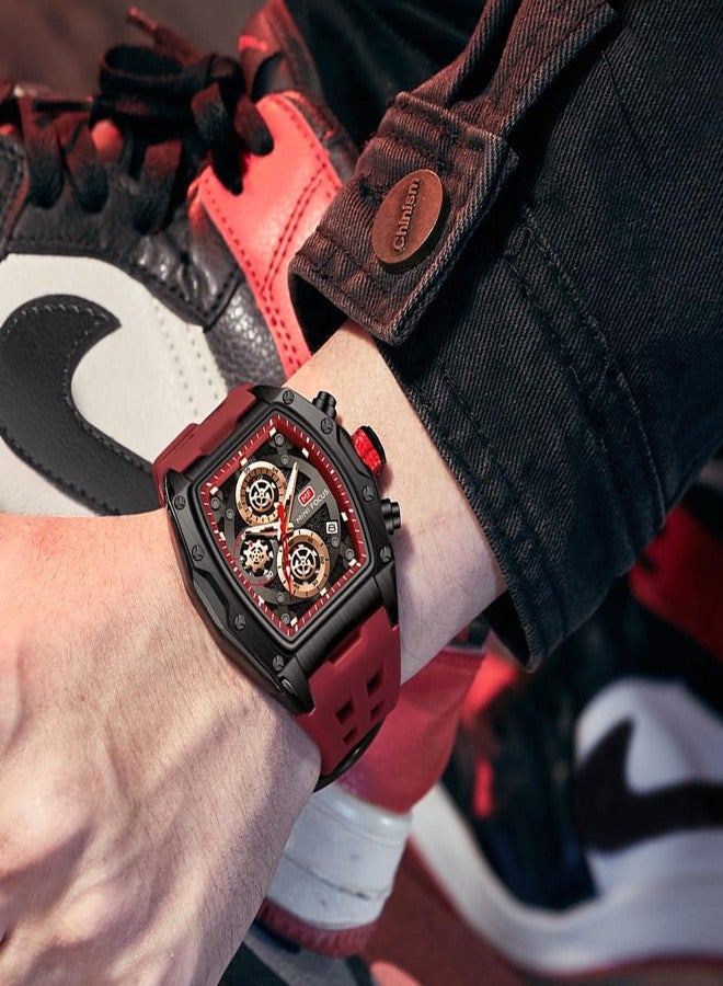 MF MINI FOCUS Men Watch Unique Tonneau Casual Wrist Watches (Chronograph/Waterproof/Luminous/Calendar) Silicon Band Fashion Watch for Men (Red&Balck) - Image 3
