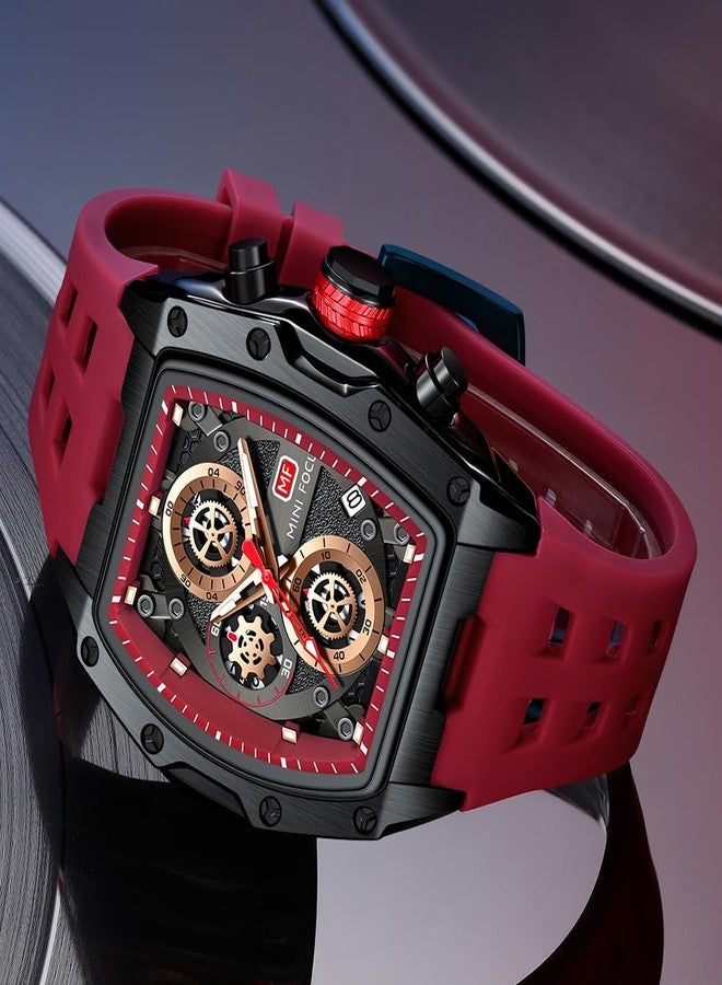 MF MINI FOCUS Men Watch Unique Tonneau Casual Wrist Watches (Chronograph/Waterproof/Luminous/Calendar) Silicon Band Fashion Watch for Men (Red&Balck) - Image 2