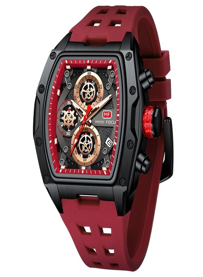 MF MINI FOCUS Men Watch Unique Tonneau Casual Wrist Watches (Chronograph/Waterproof/Luminous/Calendar) Silicon Band Fashion Watch for Men (Red&Balck) - Image 1