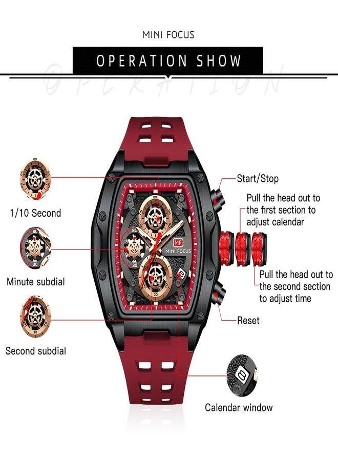 MF MINI FOCUS Men Watch Unique Tonneau Casual Wrist Watches (Chronograph/Waterproof/Luminous/Calendar) Silicon Band Fashion Watch for Men (Red&Balck) - Image 5