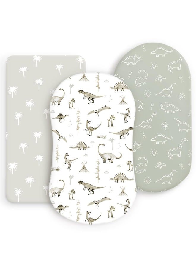 GRSSDER Ultra Soft Stretchy Jersey Knit Fitted Bassinet Sheets 3 Pack, Universal Fitted for Baby Cradle Moses Basket Oval Rectangle Mattress Safe and Snug, Bassinet Fitted Sheets for Boy, Dinosaur Print - Image 1