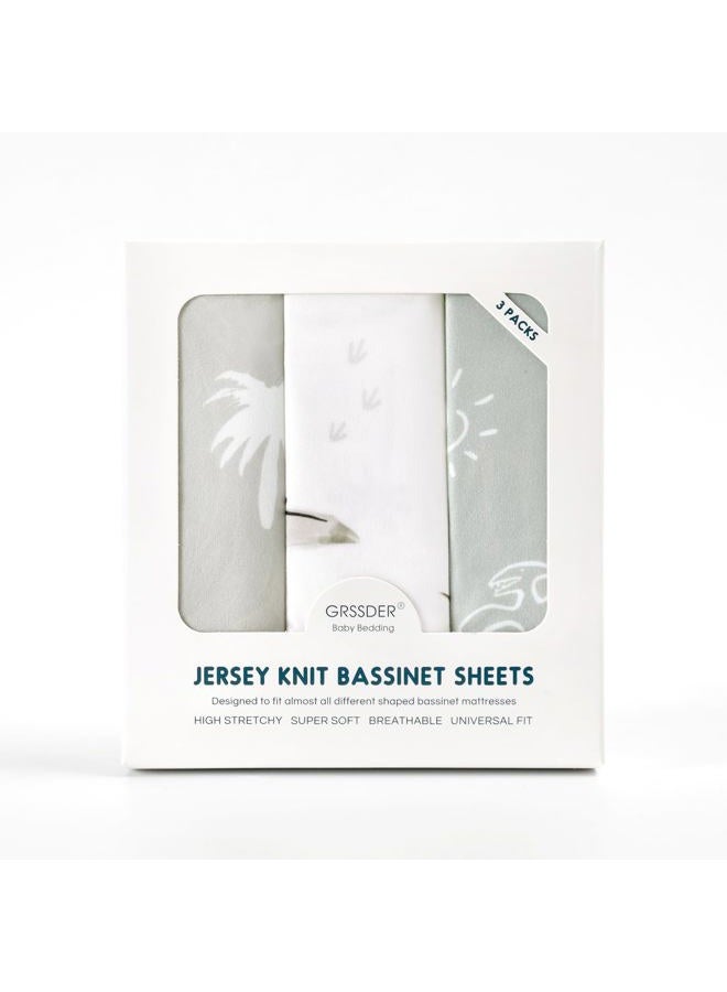 GRSSDER Ultra Soft Stretchy Jersey Knit Fitted Bassinet Sheets 3 Pack, Universal Fitted for Baby Cradle Moses Basket Oval Rectangle Mattress Safe and Snug, Bassinet Fitted Sheets for Boy, Dinosaur Print - Image 2