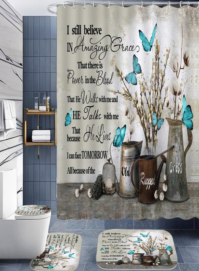 ALEXEX 4 PCS Floral Bible Verse Shower Curtain Sets,Inspirational Quotes Bathroom Set with Shower Curtain and Rugs and Accessories,Farmhouse Floral Blue Butterfly Shower Curtain Bathroom Decor 72 X 72 - Image 1