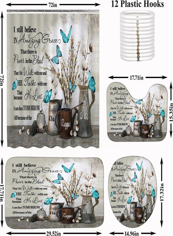 ALEXEX 4 PCS Floral Bible Verse Shower Curtain Sets,Inspirational Quotes Bathroom Set with Shower Curtain and Rugs and Accessories,Farmhouse Floral Blue Butterfly Shower Curtain Bathroom Decor 72 X 72 - Image 2