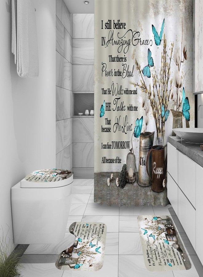ALEXEX 4 PCS Floral Bible Verse Shower Curtain Sets,Inspirational Quotes Bathroom Set with Shower Curtain and Rugs and Accessories,Farmhouse Floral Blue Butterfly Shower Curtain Bathroom Decor 72 X 72 - Image 3