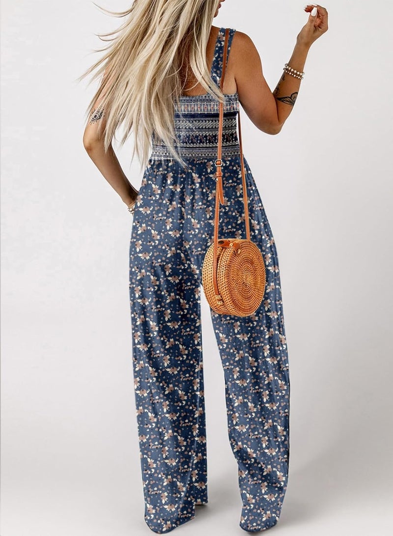 Dokotoo Loose Jumpsuits for Women Overalls Oversized Solid Color Wide Leg One Piece Sleeveless jumpsuit Long Pant Romper with Pocket 2026 Fashion Printed Blue Large - Image 3