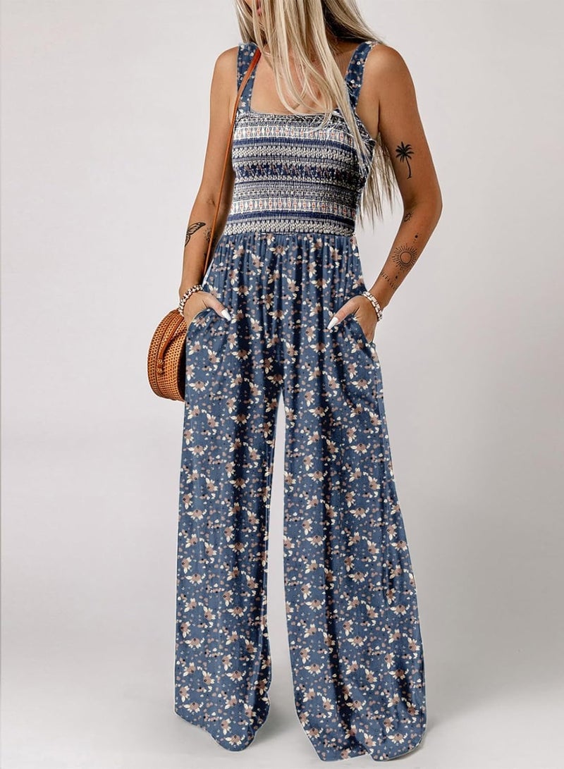 Dokotoo Loose Jumpsuits for Women Overalls Oversized Solid Color Wide Leg One Piece Sleeveless jumpsuit Long Pant Romper with Pocket 2026 Fashion Printed Blue Large - Image 2