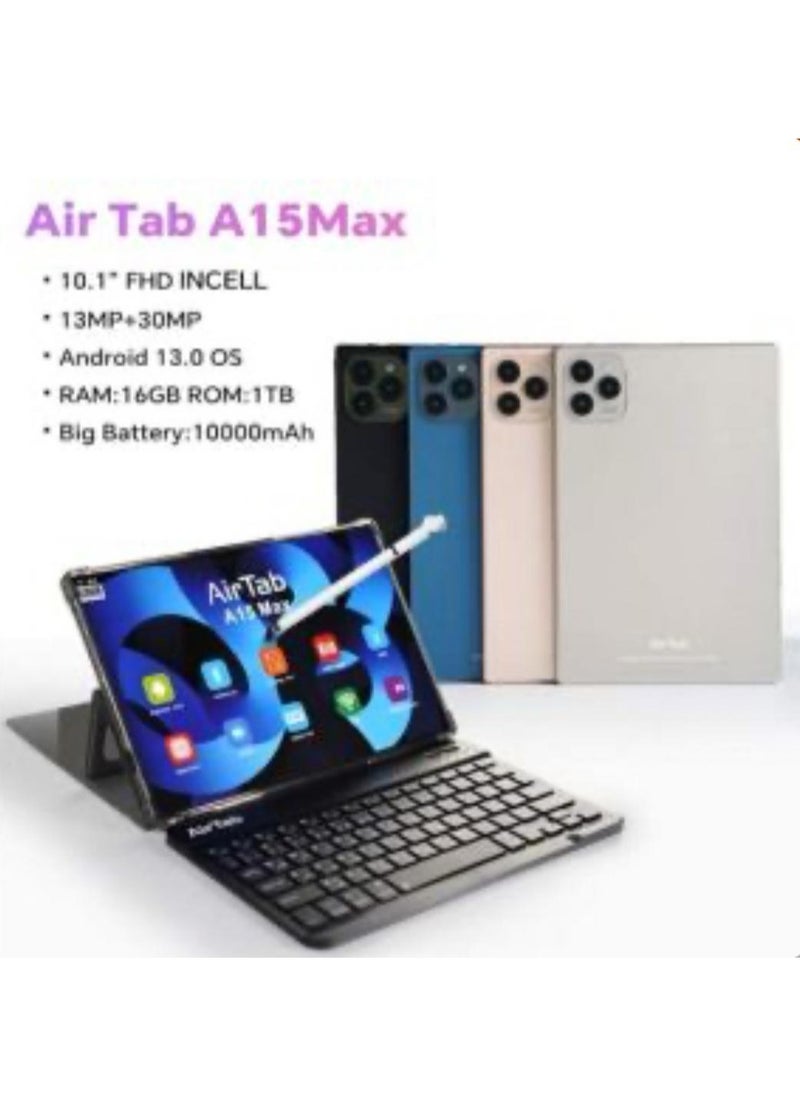 AirTab - A15 Max 5G Wi-Fi Android Tablet with 10.1 Inch Display 16GB RAM 1TB ROM 10000mAh Battery with Wireless Arabic Keyboard Black - Image 1
