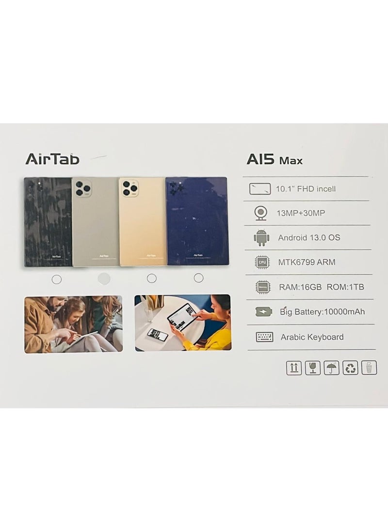 AirTab - A15 Max 5G Wi-Fi Android Tablet with 10.1 Inch Display 16GB RAM 1TB ROM 10000mAh Battery with Wireless Arabic Keyboard Black - Image 1