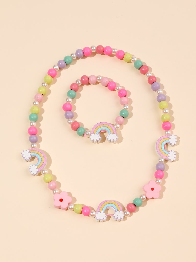 Girls Wooden Bracelet  Necklace Set Small rainbow flower 