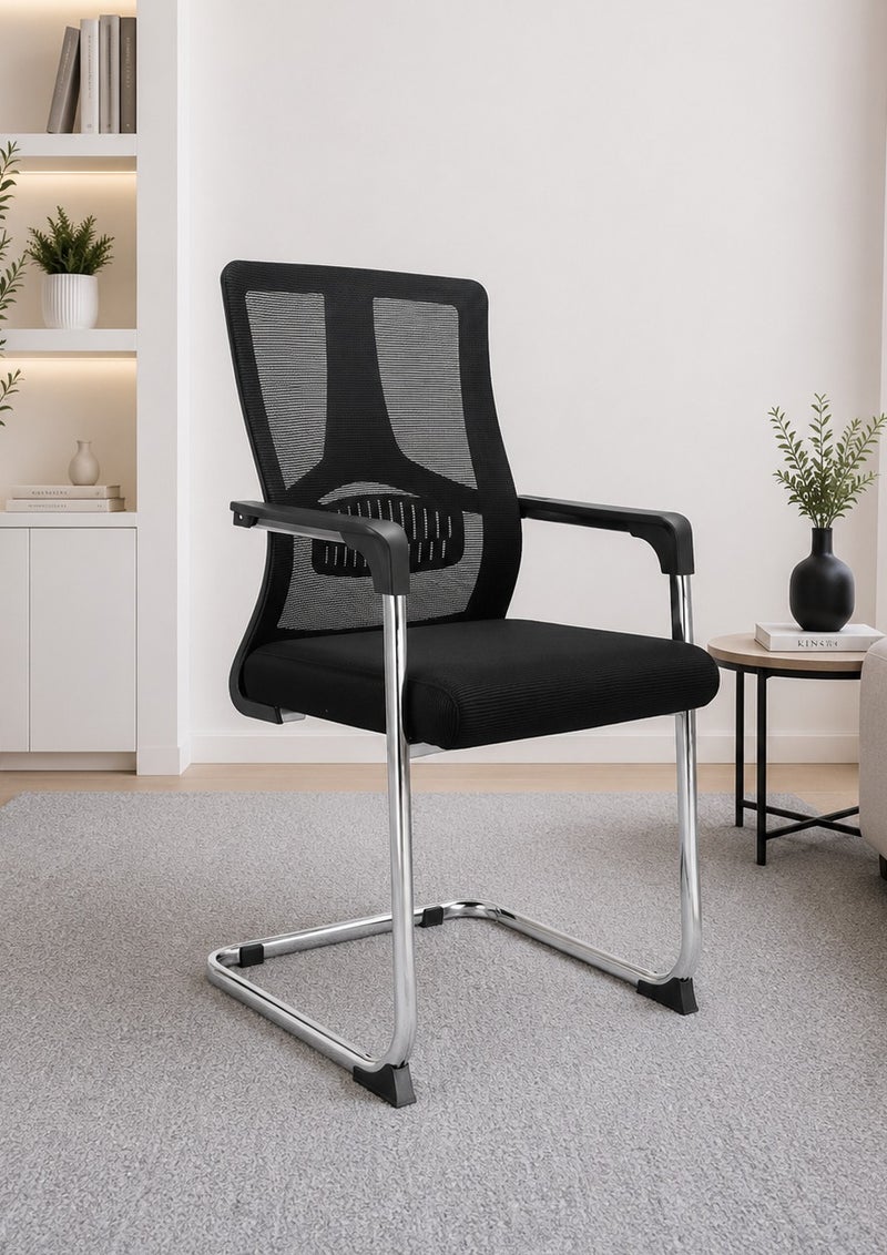 Black Mesh Visitor Chair with Chrome Sled Base Ergonomic Office Conference Seating Modern - Image 1