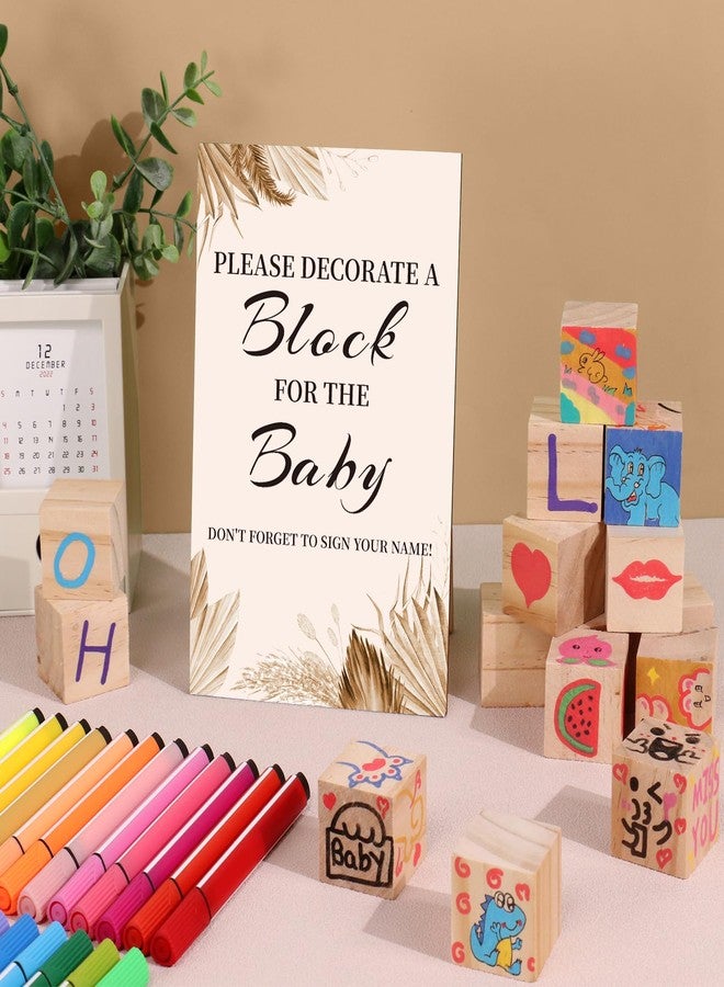 wookidel Baby Shower Games Sign Kit with 50 Blank Wooden Blocks, 24 Acrylic Paint Marker and Wooden Sign, Blocks for Baby Shower Games, Gender Reveals Party (Boho) - Image 4