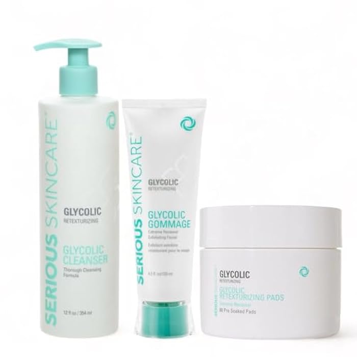 Serious Skincare - Glycolic Radiant Skin Set - Improve Appearance of Lines, Wrinkles and Enlarged Pores - Face Wash Cleanser, Gommage Exfoliating Clay Mask & Retexturizing Treatment Pads (3piece) - Image 1