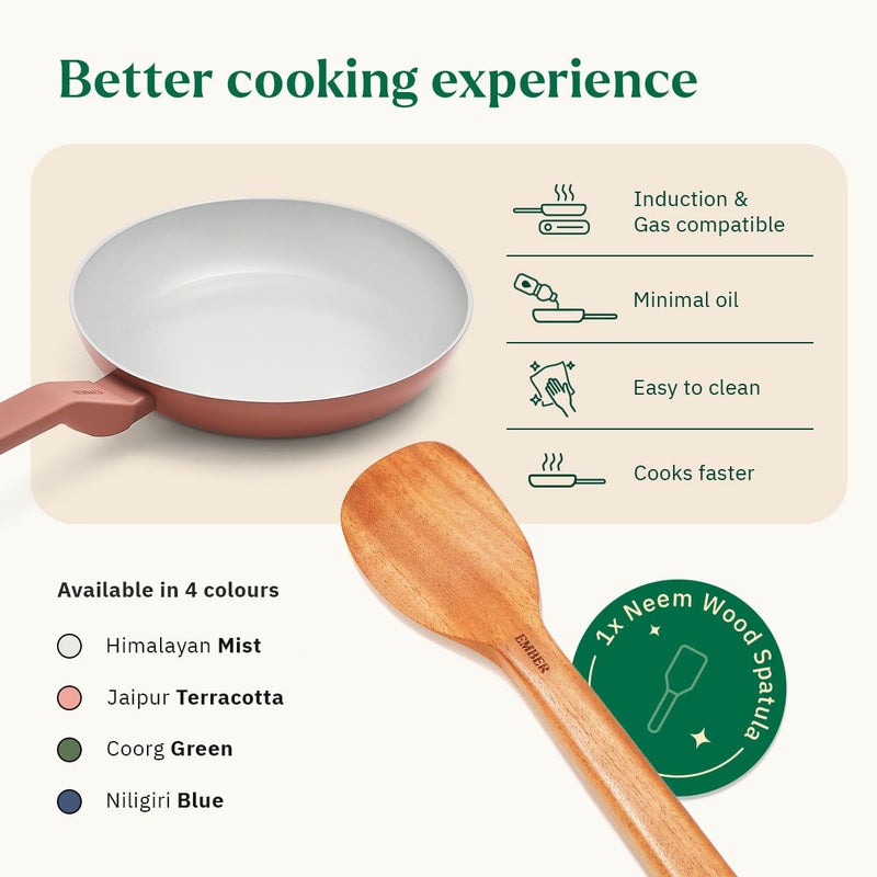 Ember Cookware مقلاة سيراميك أركيلا 24 سم | أواني طهي غير لاصقة | مقلاة غير سامة | معتمدة من ISI | مقلاة سيراميك للطهي | 1× ملعقة مسطحة | خالية من PFAS و PTFE | آمنة للاستخدام على الحث | تيراكوتا - Image 3