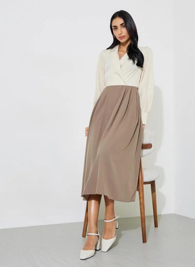 Color Block Long Sleeves Blazer Midi Dress