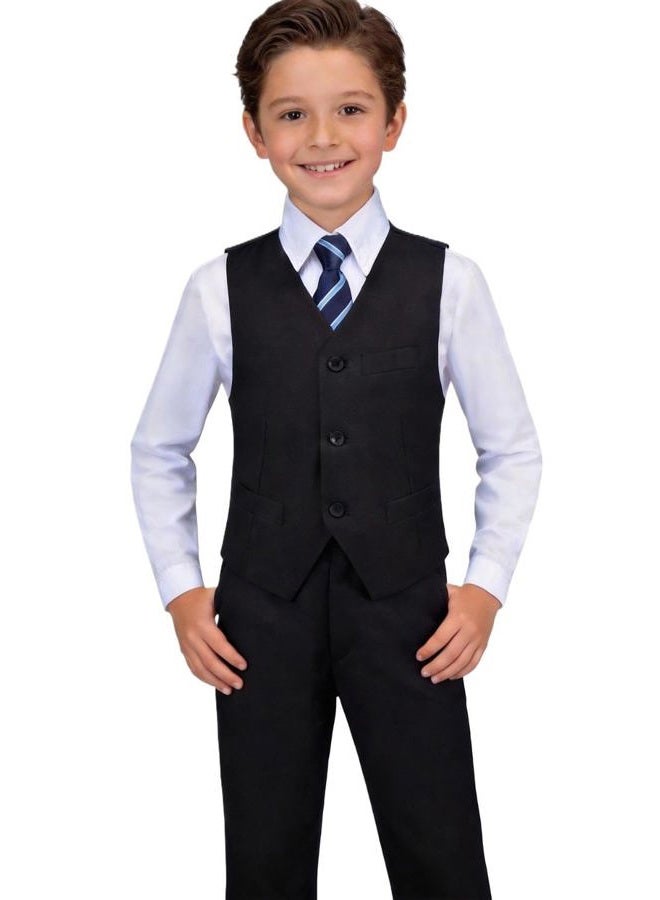 Visaccy Boys Formal Suit Slim Fit Dress Clothes Ring Bearer Outfit Tuxedo Suits,Adjustable Waist, Black Suit Blue Plaid Tie(4 Piece), 8 Years - Image 1