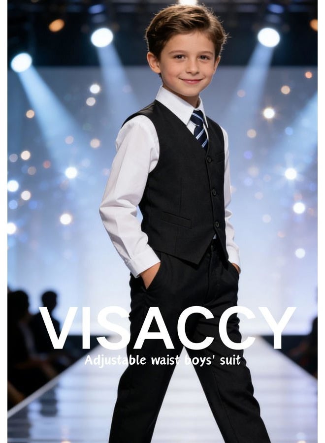 Visaccy Boys Formal Suit Slim Fit Dress Clothes Ring Bearer Outfit Tuxedo Suits,Adjustable Waist, Black Suit Blue Plaid Tie(4 Piece), 8 Years - Image 4