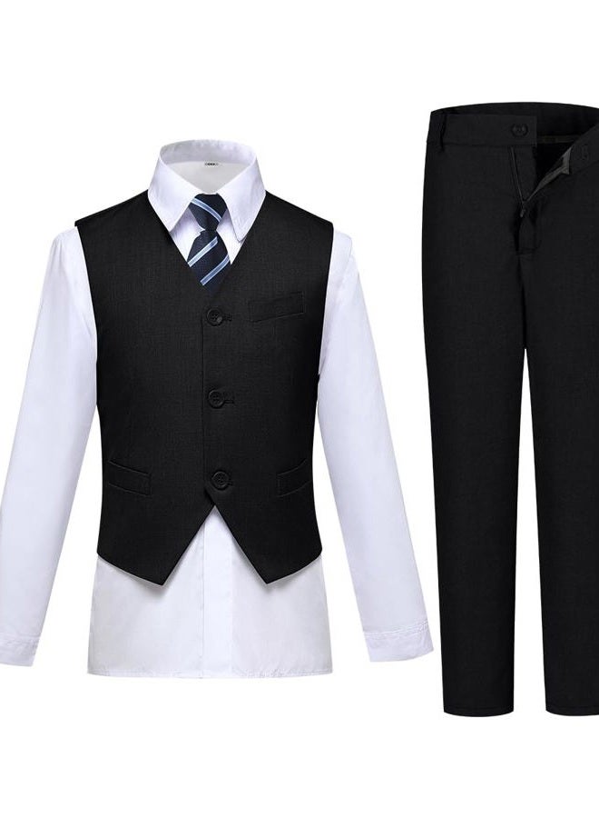 Visaccy Boys Formal Suit Slim Fit Dress Clothes Ring Bearer Outfit Tuxedo Suits,Adjustable Waist, Black Suit Blue Plaid Tie(4 Piece), 8 Years - Image 3