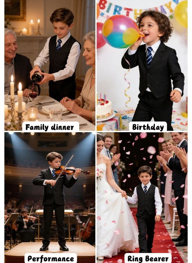 Visaccy Boys Formal Suit Slim Fit Dress Clothes Ring Bearer Outfit Tuxedo Suits,Adjustable Waist, Black Suit Blue Plaid Tie(4 Piece), 8 Years - Image 5