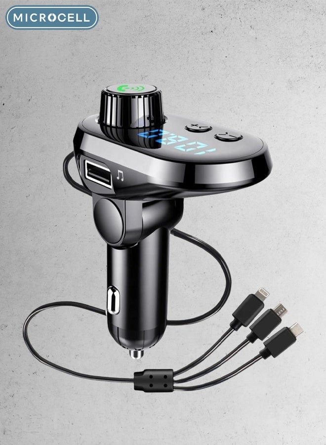 Bluetooth 5.0 Car FM Transmitter with LED Display, Dual USB Fast Charging, 3.1A Output, 3-in-1 Charging Cable (Lightning/Micro USB/Type-C), Hands-Free Calling, U-Disk & TF Card Music Support, Volume & Frequency Control for All Smartphones - Image 1