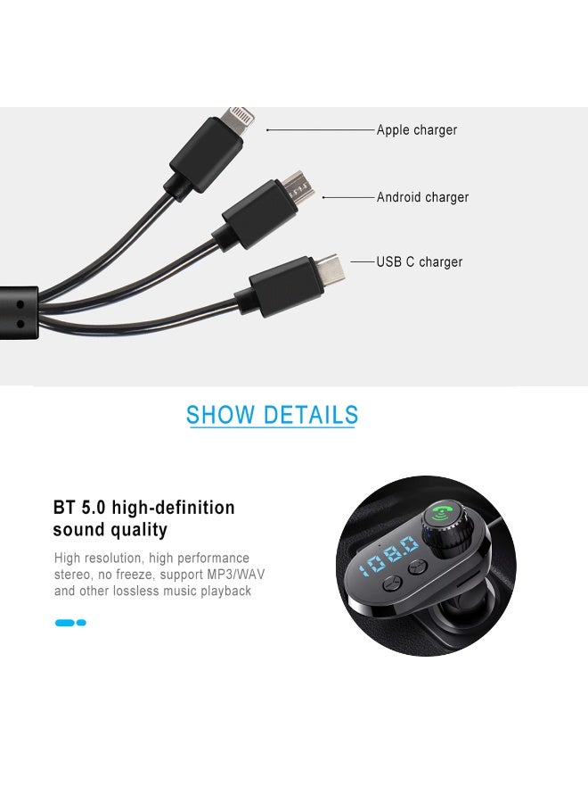 Bluetooth 5.0 Car FM Transmitter with LED Display, Dual USB Fast Charging, 3.1A Output, 3-in-1 Charging Cable (Lightning/Micro USB/Type-C), Hands-Free Calling, U-Disk & TF Card Music Support, Volume & Frequency Control for All Smartphones - Image 2