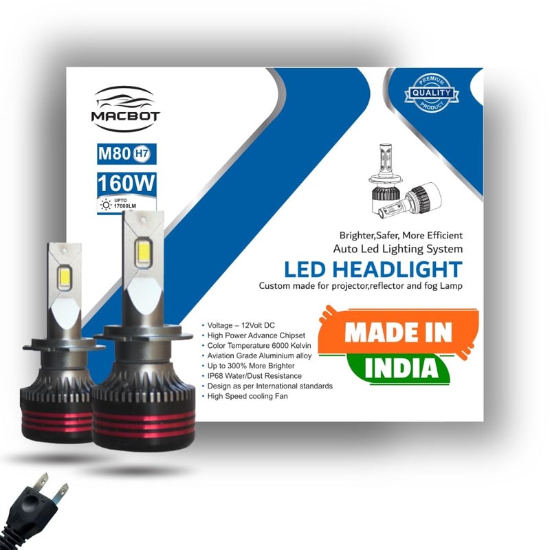 MACBOT H7 Type LED Headlight Bulb 160 Watt M80-H7, with 2-Year Replacement Warranty - Made in India for Cars (80 Watt Each Bulb) Super Bright White Light, Easy Installation, Long-lasting Performance - Image 1