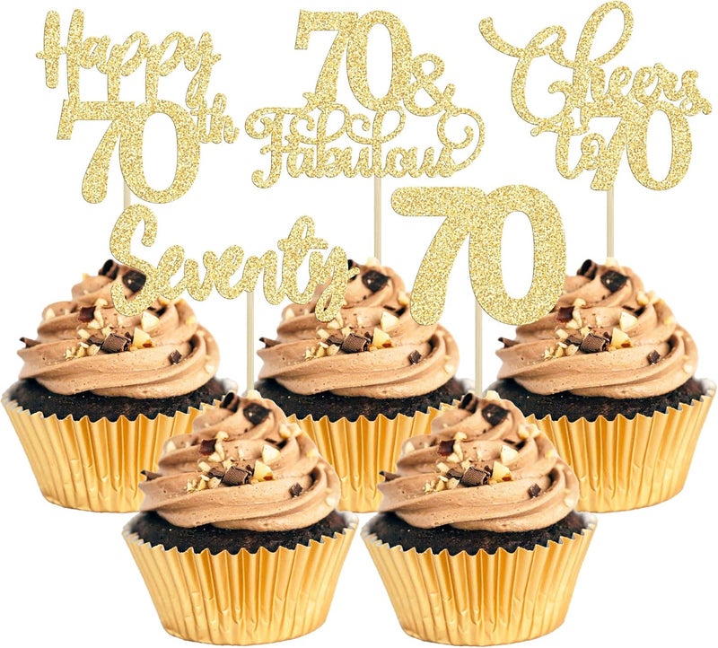 Ephlyn 30 Pack Happy 70th Birthday Cupcake Toppers Gold Glitter Seventy Cheers to 70 Years Old Cupcake Picks for 70th Birthday Anniversary Party Cake Decorations Supplies - Image 1