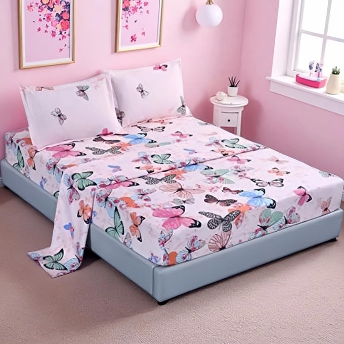 4PCS TWIN SIZE BUTTERFLY BEDDING SHEET SET HOME MICROFIBER BED SHEET WITH1 TOP FLAT 1 FITTED SHEET WITH 2 PILLOWCASES 14 INCHES DEEP TWIN