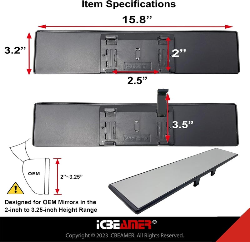 ICBEAMER 15.8" Clip On Rear View Mirror | Flat Clear Tint Glass, Panoramic Wide Angle HD Glass, Anti Glare, Universal Fit for Car, SUV, Truck | Eliminates Blind Spots (1 Pack) - Image 5