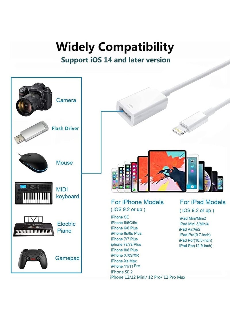 LEDIN Apple to USB Camera Adapter, USB 3.0 OTG Cable for iPhone/iPad to Connect Card Reader, USB Flash Drive, U Disk, Keyboard, Mouse, Hubs, MIDI, Plug & Play (White) - Image 2