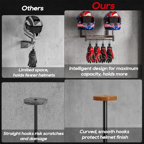 NANAGIFTREE Motorcycle Helmet Holder Wall Mount, Helmet Rack with 4 Glove Clips, Motorcycle Gear Rack Storage, Motorcycle Accessories Organizer for Entryway or Garage - Image 3