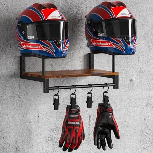 NANAGIFTREE Motorcycle Helmet Holder Wall Mount, Helmet Rack with 4 Glove Clips, Motorcycle Gear Rack Storage, Motorcycle Accessories Organizer for Entryway or Garage - Image 1