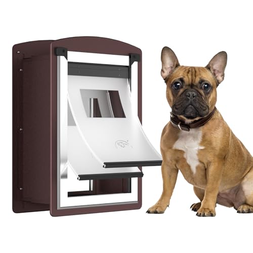 ALUMANI Dog Door for Wall Dog Door with Double Magnetic Flaps Double Lock Panels Steel Frame and Telescoping Tunnel Doggie Door for Interior and Exterior Wall Medium Coffee Color - Image 1