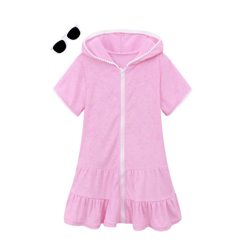 LUCKYGAL Girls Swim Cover Up Kids Swimsuit Coverup Terry Zip-Up Beach Bathing Suit Wraps, Size 6 7 Pink - Image 1