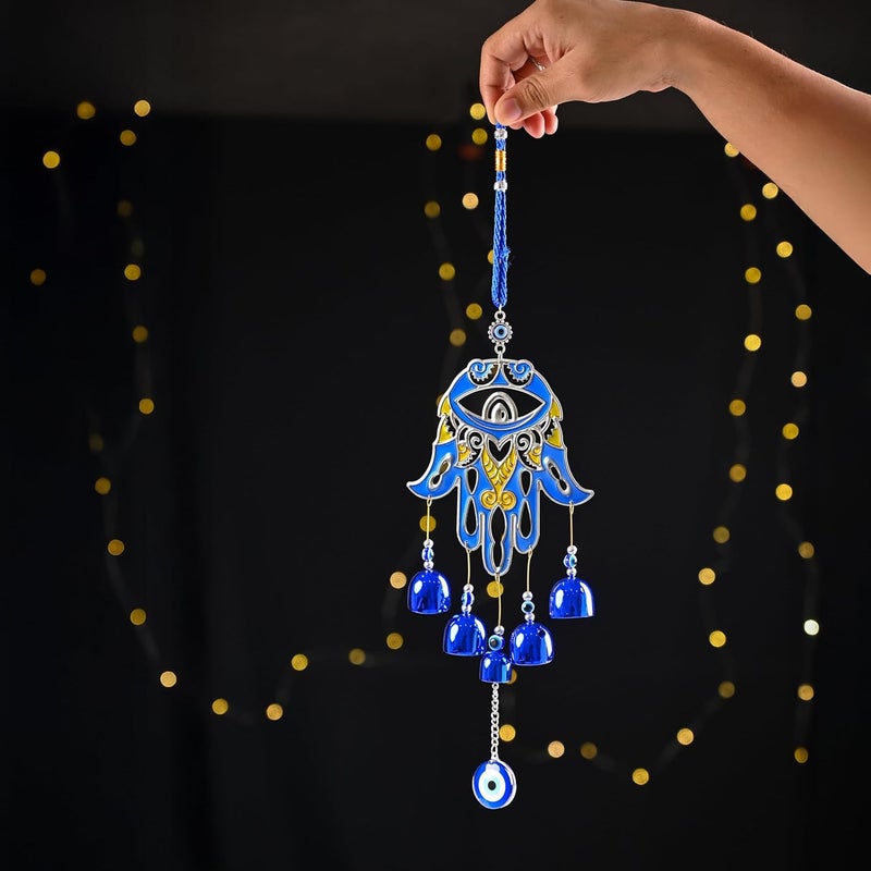 ZAICUS Large Hamsa Palm Blue Evil Eye Nazar Battu Wall Hanging with 5 Bells - Decorative Charm for Home, Car, and Office - Brings Good Luck and Prosperity - Image 1