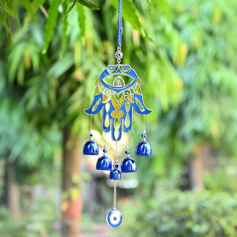 ZAICUS Large Hamsa Palm Blue Evil Eye Nazar Battu Wall Hanging with 5 Bells - Decorative Charm for Home, Car, and Office - Brings Good Luck and Prosperity - Image 5