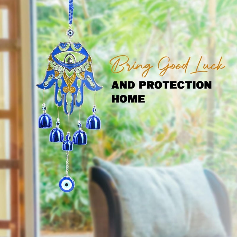 ZAICUS Large Hamsa Palm Blue Evil Eye Nazar Battu Wall Hanging with 5 Bells - Decorative Charm for Home, Car, and Office - Brings Good Luck and Prosperity - Image 4