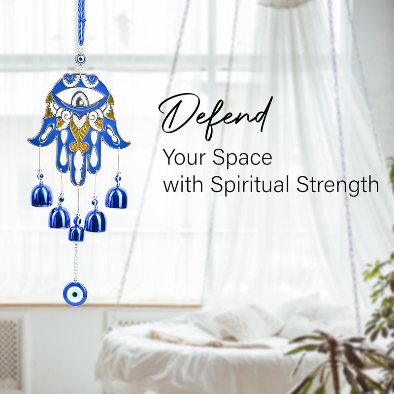 ZAICUS Large Hamsa Palm Blue Evil Eye Nazar Battu Wall Hanging with 5 Bells - Decorative Charm for Home, Car, and Office - Brings Good Luck and Prosperity - Image 3