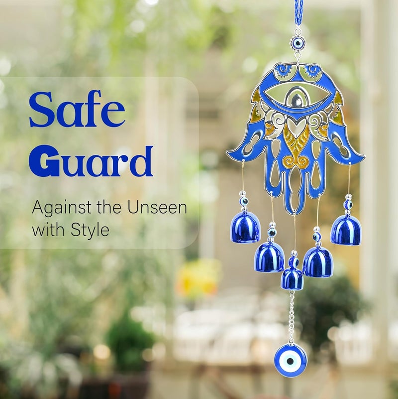 ZAICUS Large Hamsa Palm Blue Evil Eye Nazar Battu Wall Hanging with 5 Bells - Decorative Charm for Home, Car, and Office - Brings Good Luck and Prosperity - Image 2