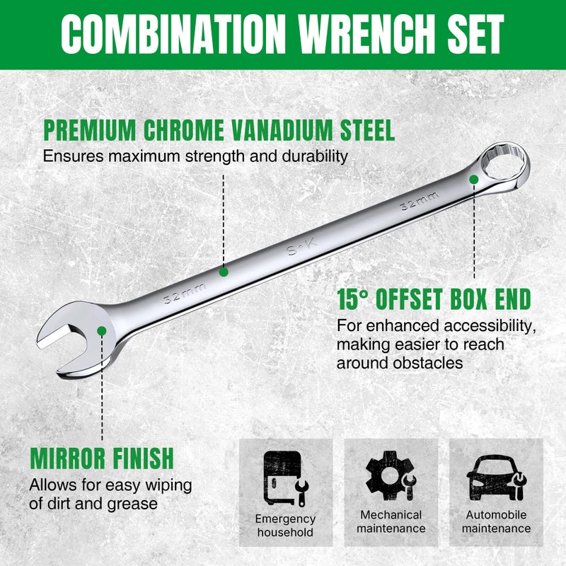 SK Combination Wrench Set, Metric 6 to 32mm, 22-Piece, SuperKrome Finish, Premium CR-V Construction, with Rolling Pouch - Image 4