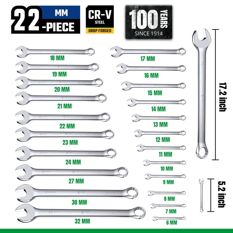 SK Combination Wrench Set, Metric 6 to 32mm, 22-Piece, SuperKrome Finish, Premium CR-V Construction, with Rolling Pouch - Image 3