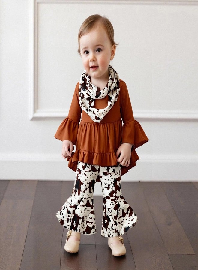 Mieeyali Western Baby Girl Clothes Toddler Cowgirl Outfit Ruffle Dress Shirt Cow Print Bell Bottoms Flared Pants Set (Brown, 2-3T) - Image 3