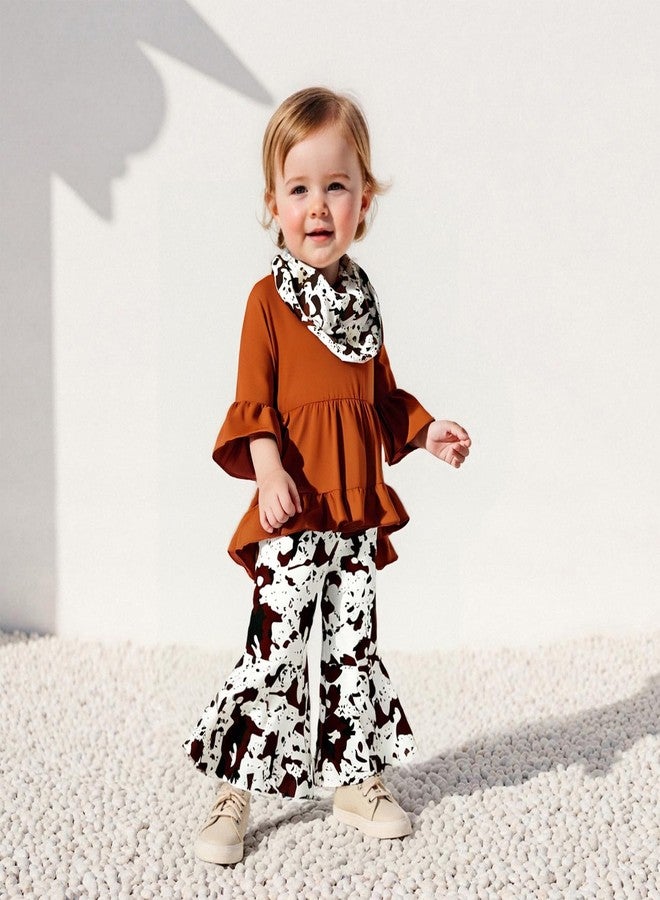 Mieeyali Western Baby Girl Clothes Toddler Cowgirl Outfit Ruffle Dress Shirt Cow Print Bell Bottoms Flared Pants Set (Brown, 2-3T) - Image 2