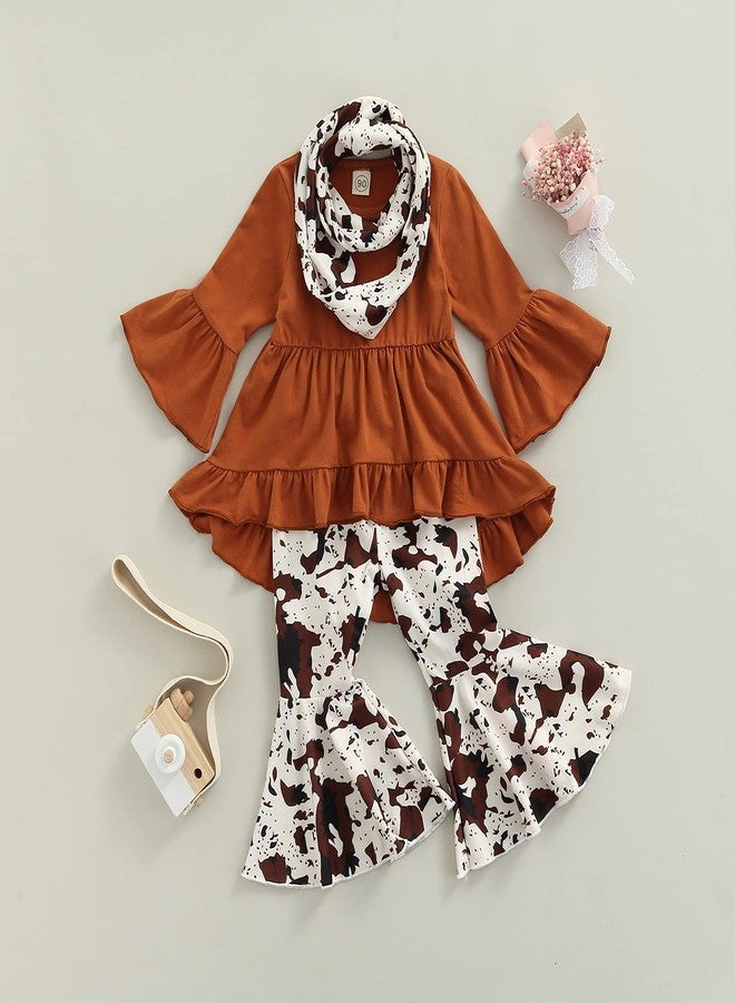Mieeyali Western Baby Girl Clothes Toddler Cowgirl Outfit Ruffle Dress Shirt Cow Print Bell Bottoms Flared Pants Set (Brown, 2-3T) - Image 4